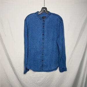 Club Monaco Casual Blue Button Down Shirt 100% Linen Mandarin Collar